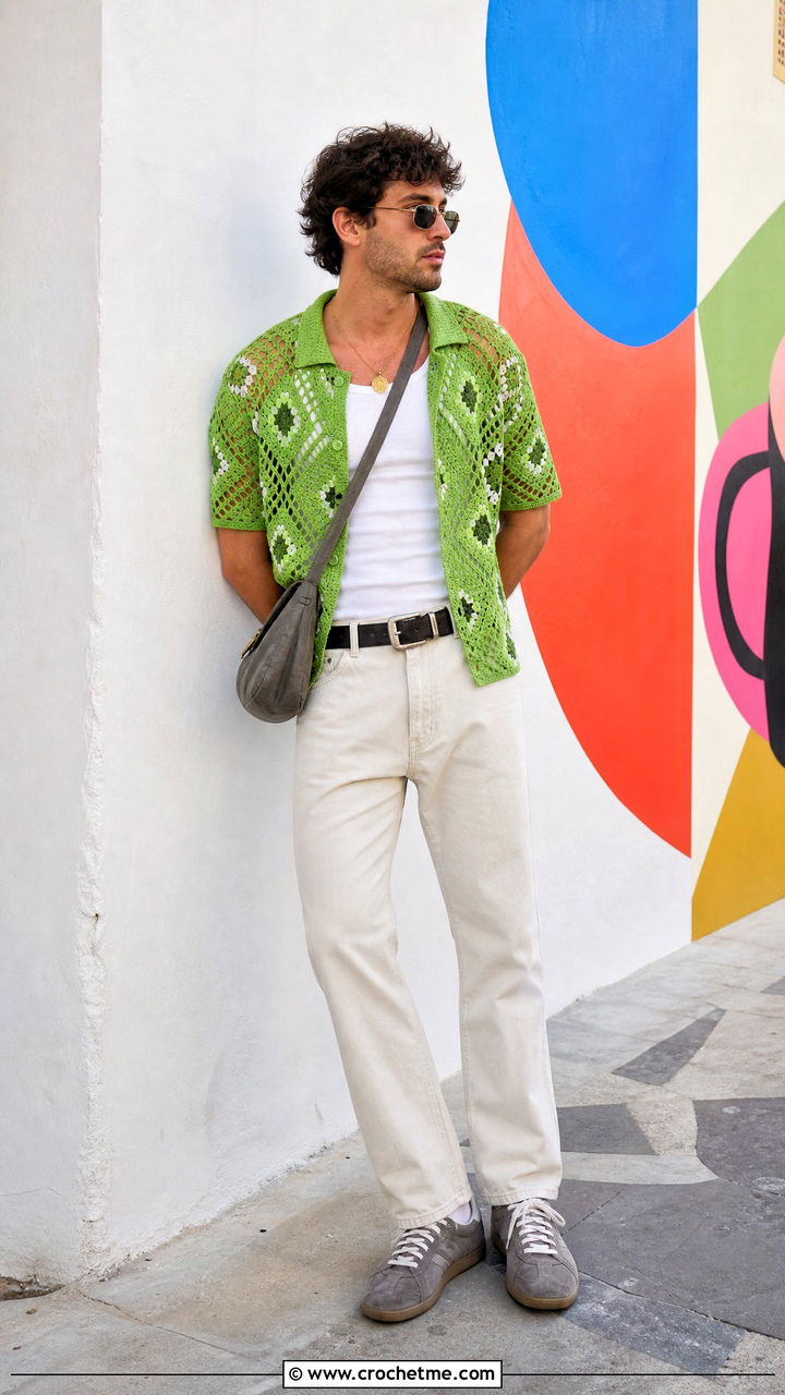 Geometric Crochet Shirt With Ecru Jeans - 35 crochet top men outfit ideas