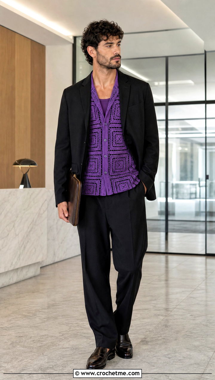 Geometric Crochet Shirt With Relaxed Suiting - 35 men's crochet shirt outfit ideas