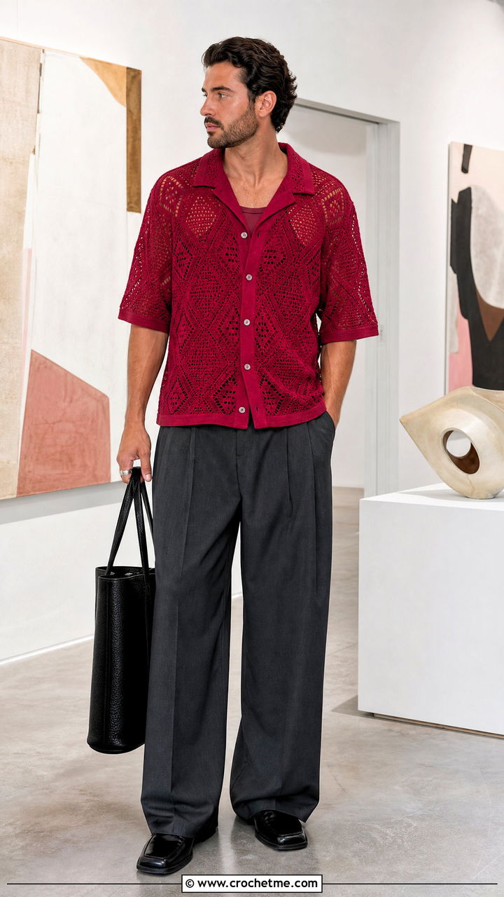 Geometric Crochet Shirt With Tailored Trousers - 35 crochet top for men outfit ideas