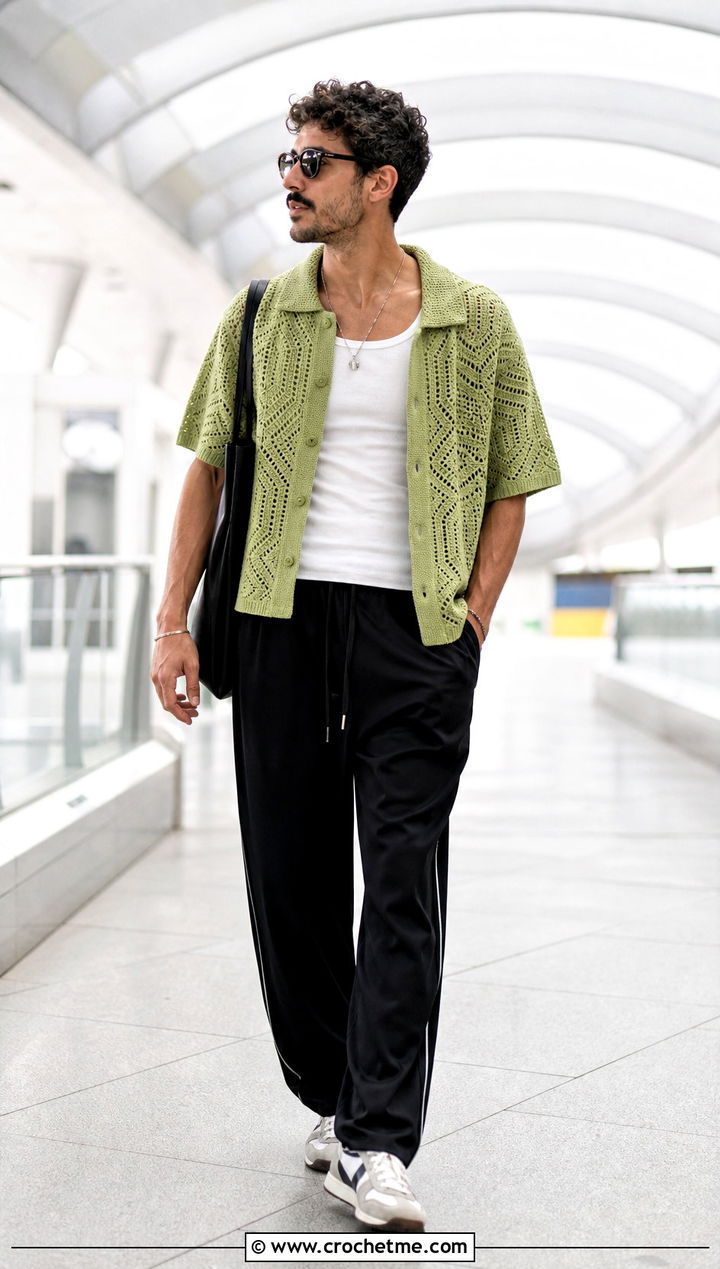Geometric Crochet Shirt With Track Pants - 15 crochet tops for men outfit ideas