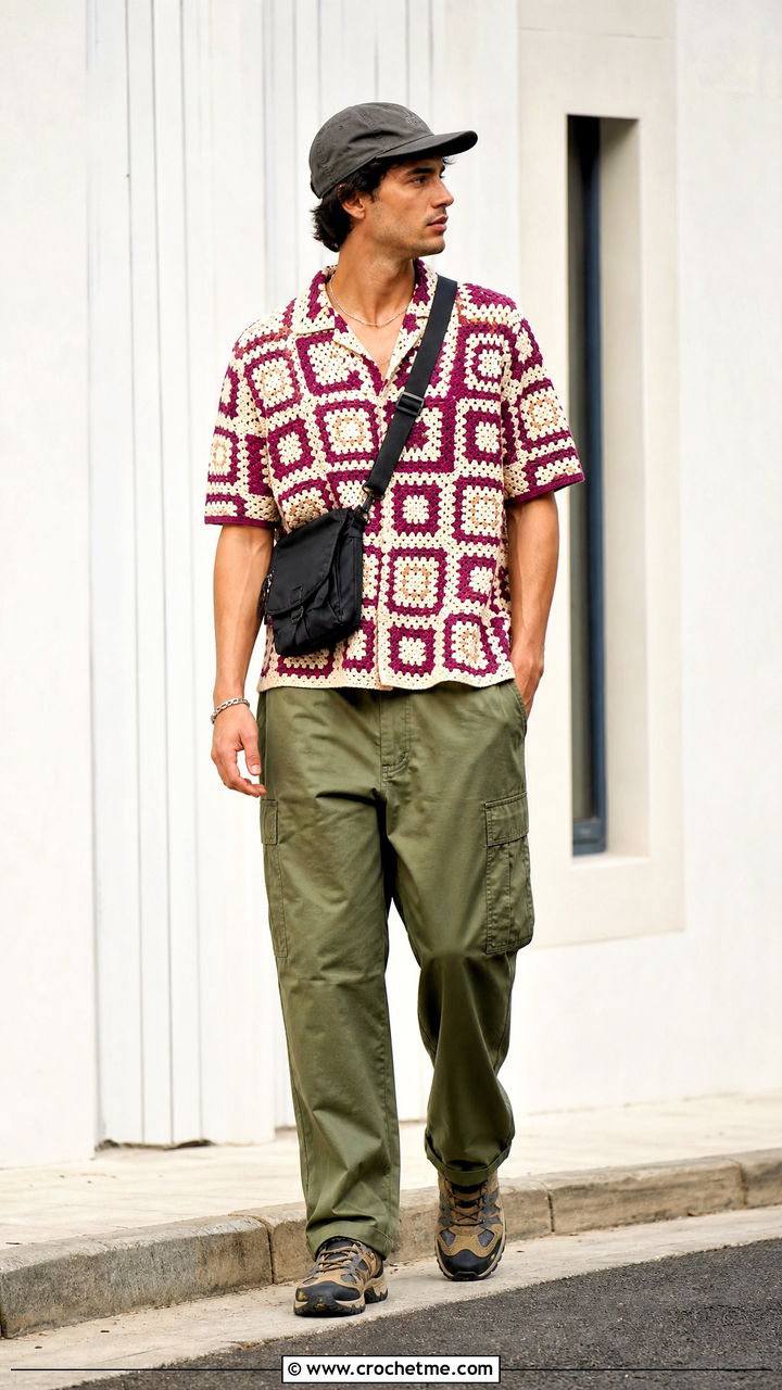 Geometric Crochet Shirt With Utility Cargo Trousers - 35 crochet shirts for men outfit ideas