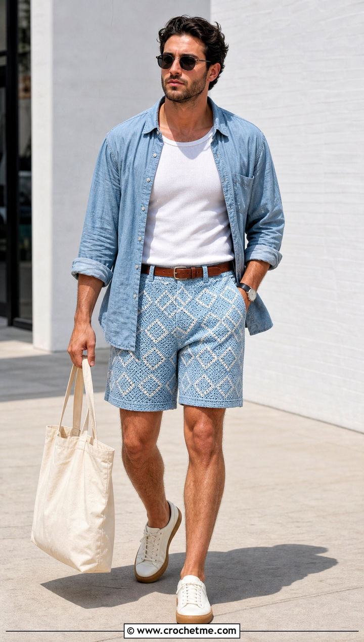 Geometric Crochet Shorts With Denim Shirt - 15 crochet shorts men outfit ideas