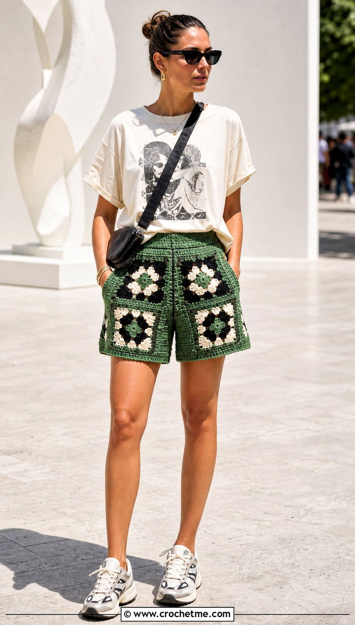 Geometric Crochet Shorts With Graphic T Shirt - 30 crocheting shorts outfit ideas