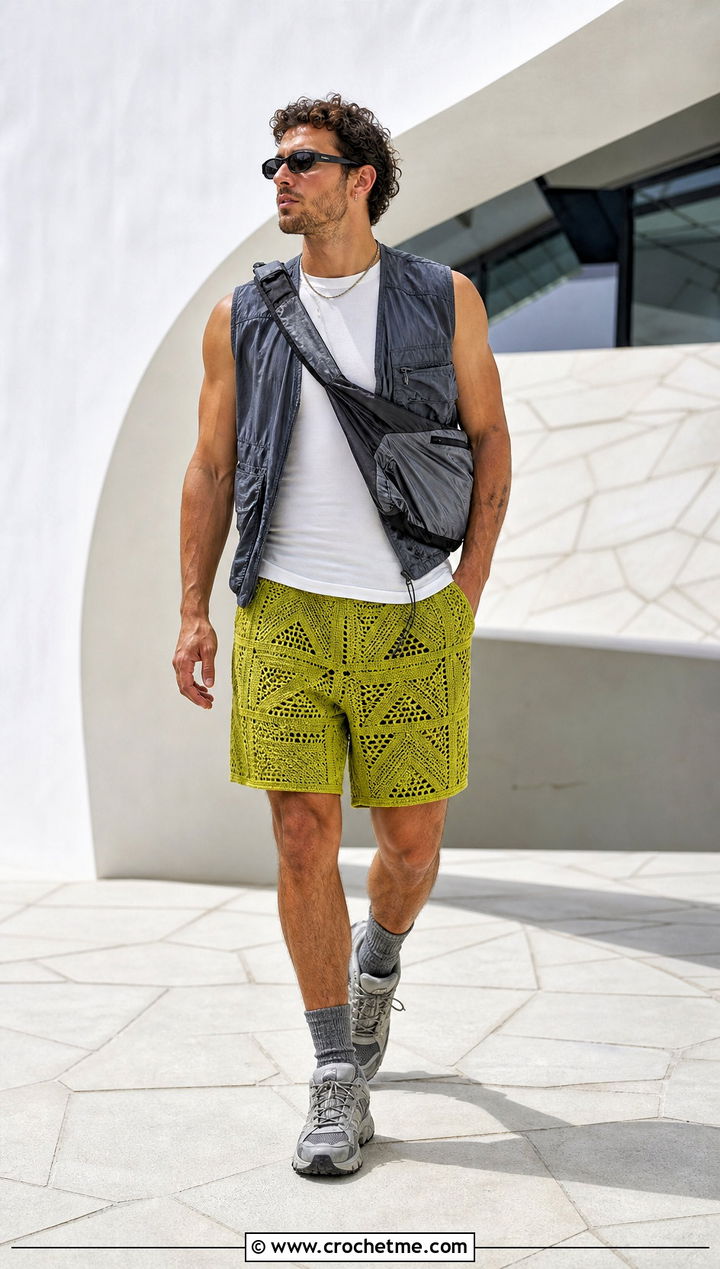 Geometric Crochet Shorts With Utility Vest - 25 Crochet Shorts Mens outfit ideas