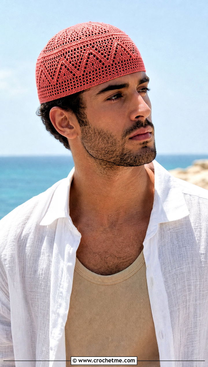 Geometric Crochet Skull Cap With Linen Shirt And Shorts - 25 Mens Crochet Skull Cap outfit ideas