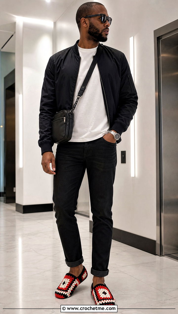 Geometric Crochet Slippers With Bomber Jacket and Black Jeans - 35 mens crochet slippers outfit ideas