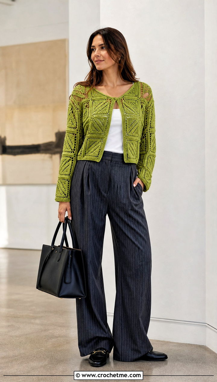 Geometric Crochet Spring Sweater With Pinstripe Trousers - 35 crochet spring sweater outfit ideas
