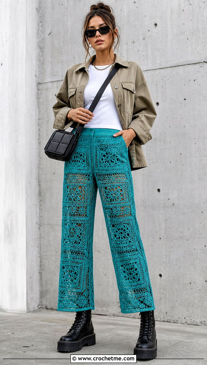 Geometric Crochet Stacked Pants With Utility Jacket - 25 Crochet Stacked Pants outfit ideas