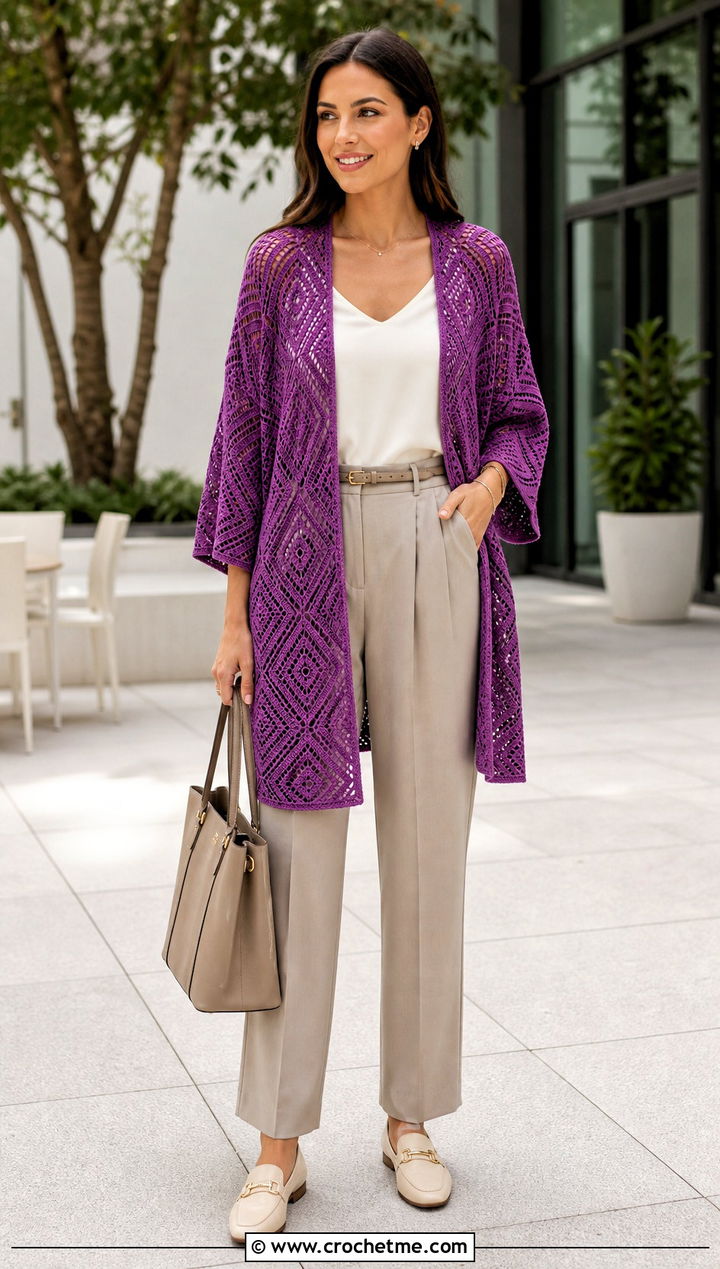 Geometric Crochet Summer Kimono With Pleated Trousers - 30 crochet summer kimono outfit ideas
