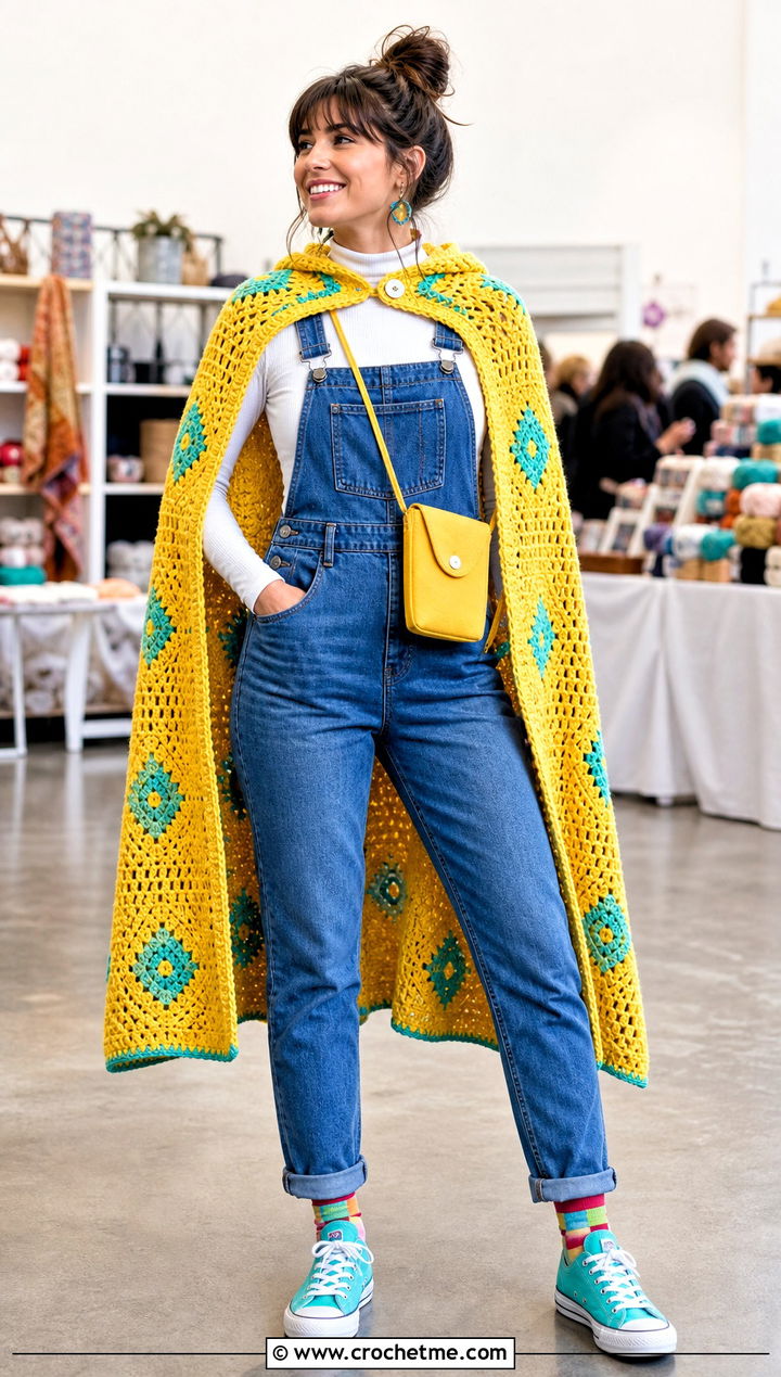 Geometric Crochet Super Hero Cape With Denim Overalls - 25 Crochet Super Hero Cape outfit ideas