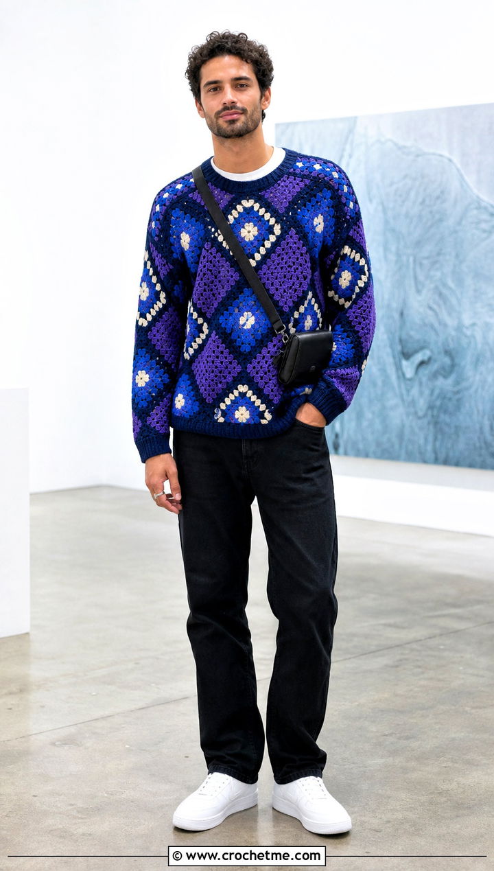 Geometric Crochet Sweater With Black Jeans - 35 crochet man sweaters outfit ideas