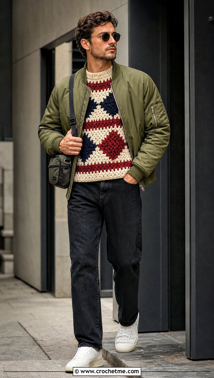 Geometric Crochet Sweater With Bomber Jacket - 30 crochet sweater for man outfit ideas