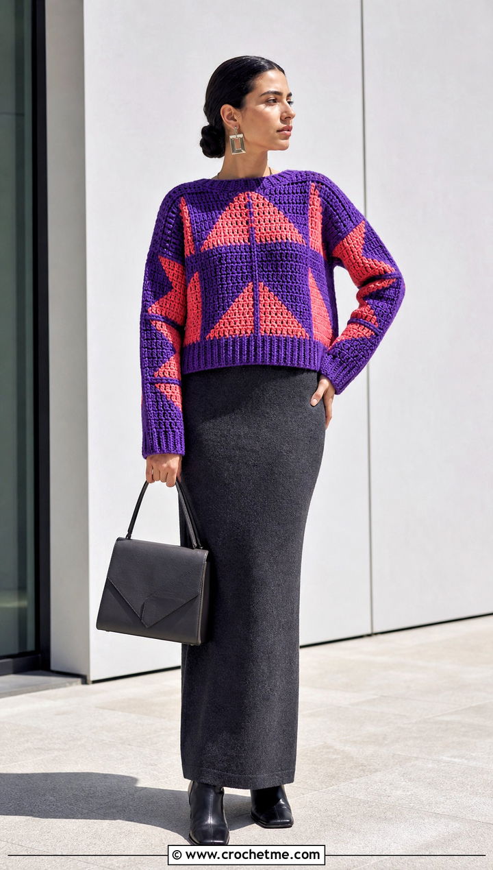 Geometric Crochet Sweater With Column Skirt - 25 Patterned Crochet Sweater outfit ideas