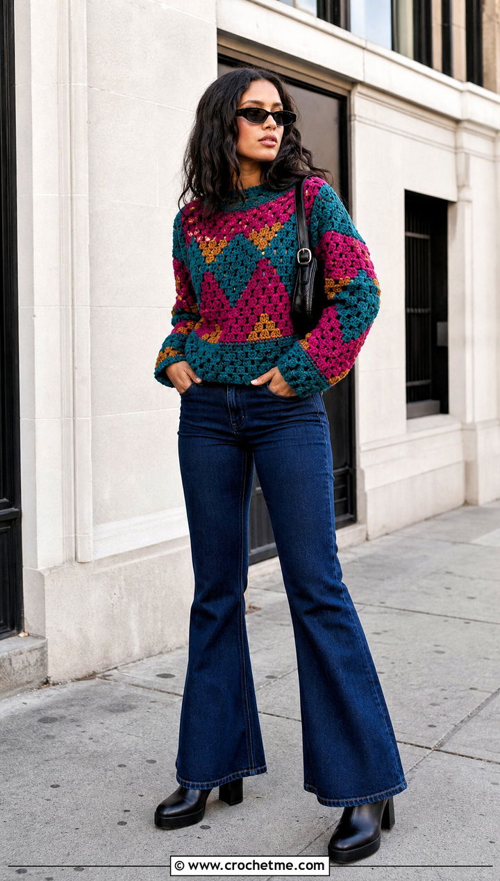 Geometric Crochet Sweater With Flared Jeans - 25 90s crochet sweater outfit ideas