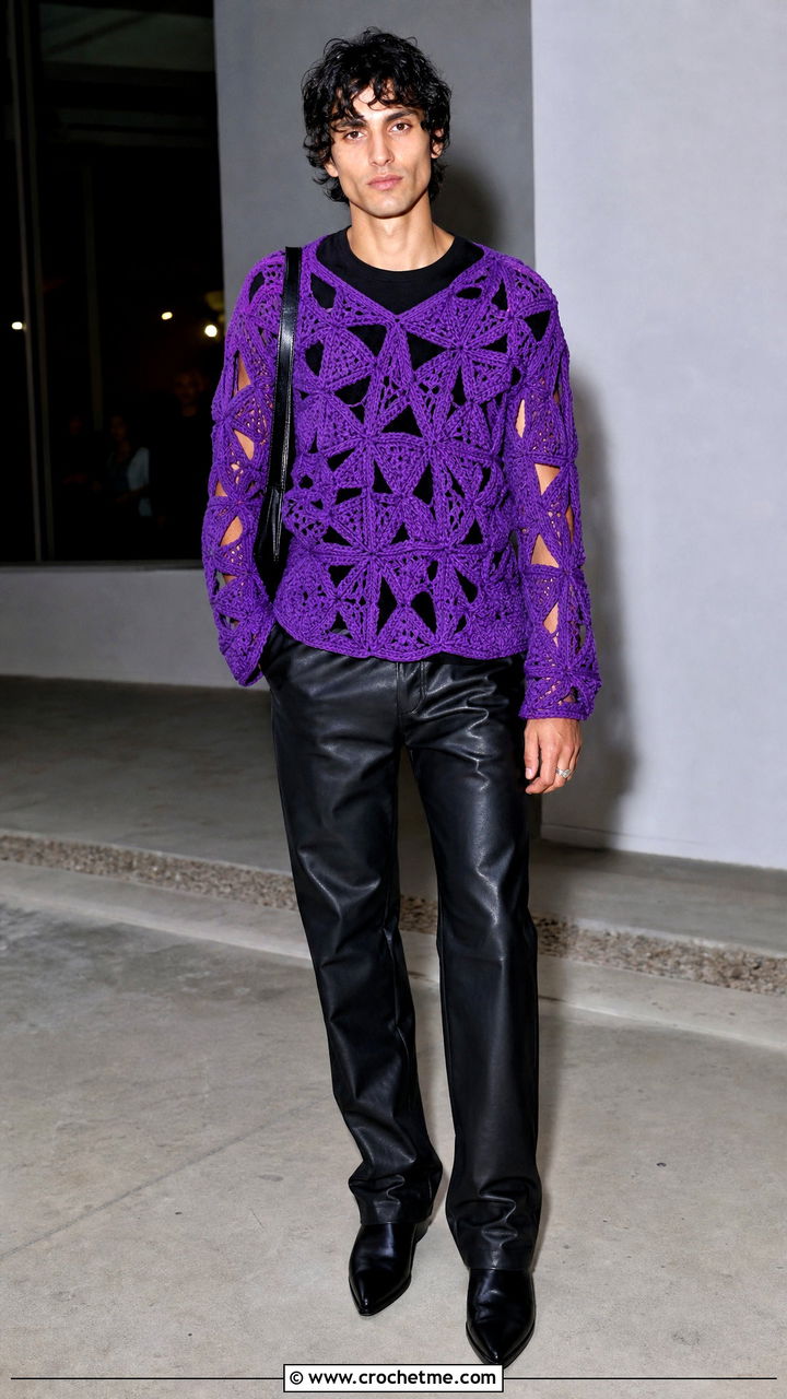 Geometric Crochet Sweater With Leather Pants - 35 crochet mens sweater outfit ideas