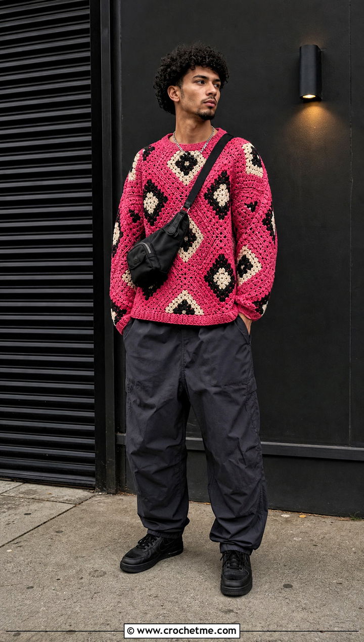Geometric Crochet Sweater With Parachute Pants - 30 male crochet sweater outfit ideas