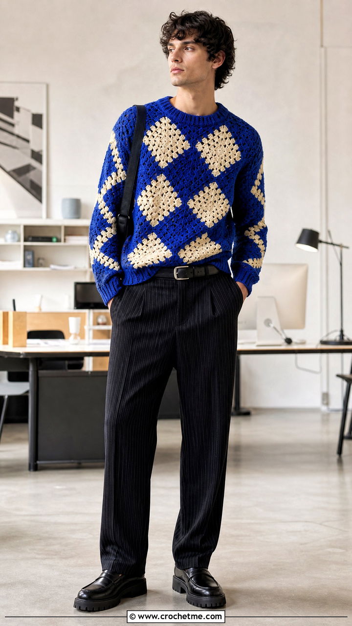 Geometric Crochet Sweater With Pinstripe Pants - 35 crochet sweater for men outfit ideas