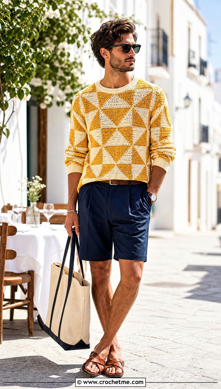 Geometric Crochet Sweater With Pleated Shorts - 25 Mens Crochet Sweaters outfit ideas