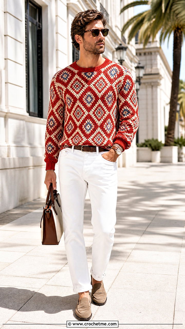 Geometric Crochet Sweater With White Jeans - 35 men crochet sweater outfit ideas