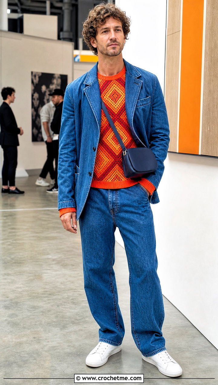 Geometric Crochet Sweater With a Denim Suit - 30 men's crochet sweater outfit ideas