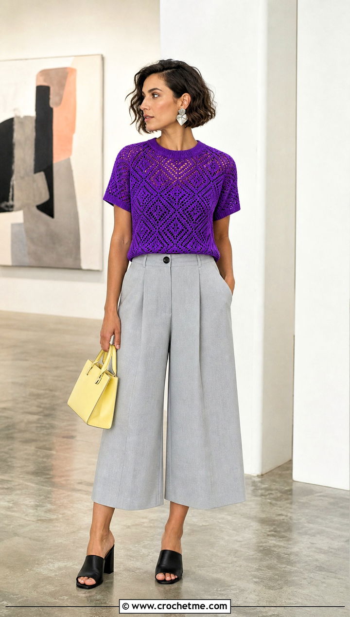 Geometric Crochet T Shirt With Culottes - 35 crochet t shirt outfit ideas