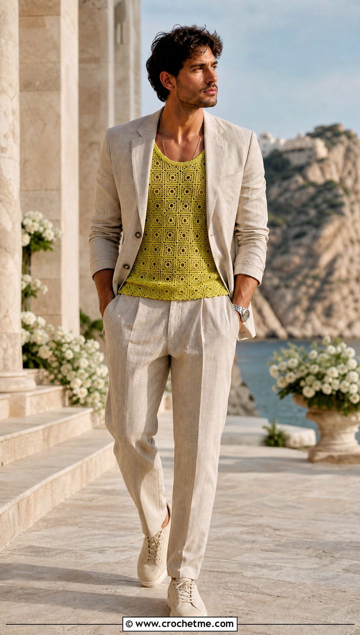 Geometric Crochet Tank Top With A Linen Suit - 25 crochet mens tank top outfit ideas