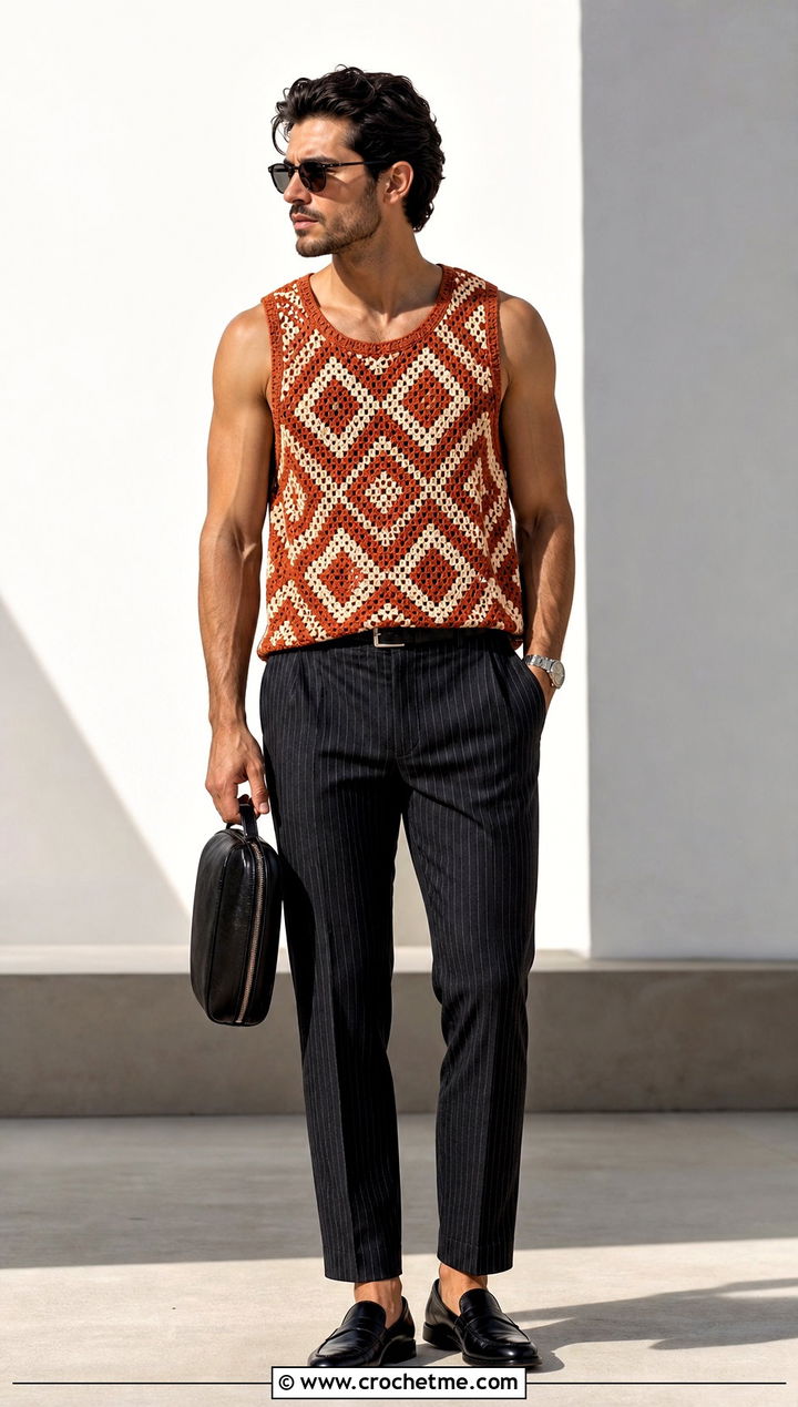 Geometric Crochet Tank Top With Pinstripe Trousers - 30 Mens Crochet Tank Top outfit ideas