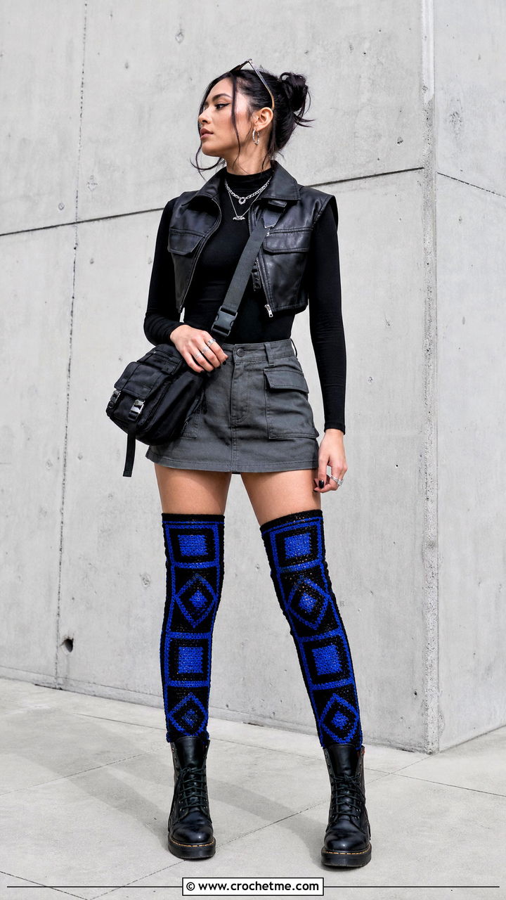 Geometric Crochet Thigh High Socks With Cargo Skirt - 35 crochet thigh high socks outfit ideas