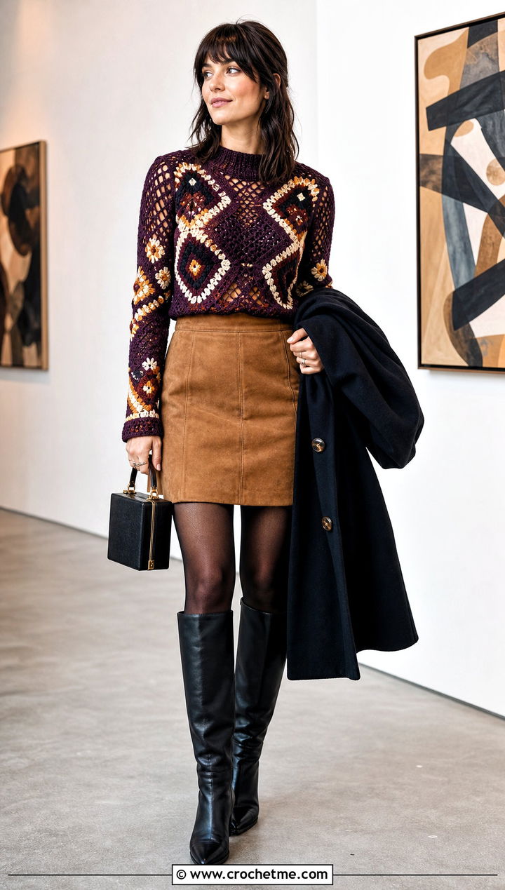Geometric Crochet Top With Mini Skirt And Boots - 35 crochet vintage top outfit ideas