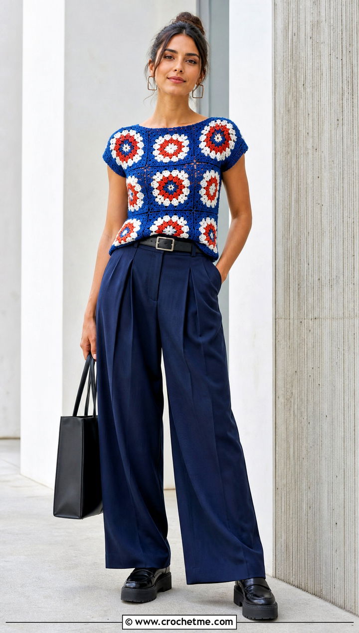 Geometric Crochet Top With Pleated Trousers - 25 70S Inspired Crochet Top outfit ideas