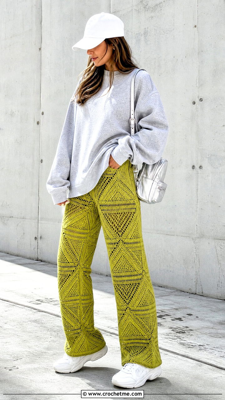 Geometric Crochet Trousers With Oversized Sweatshirt - 35 crochet trousers outfit ideas