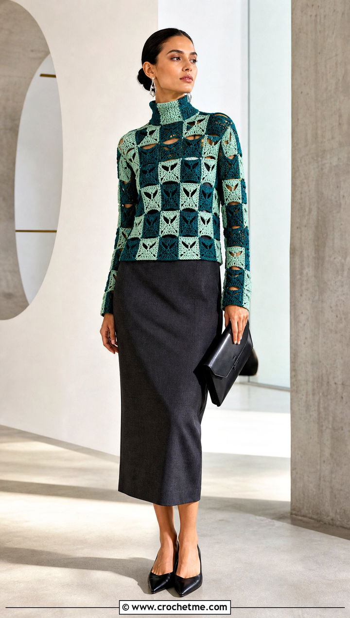 Geometric Crochet Turtleneck Top With Column Skirt - 30 crochet turtleneck top outfit ideas