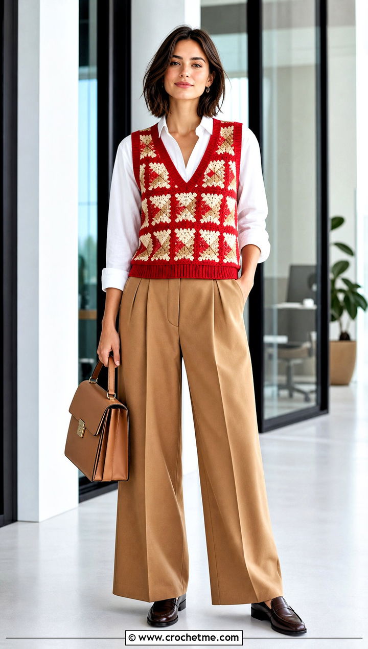 Geometric Crochet V Neck Vest With Pleated Trousers - 30 crochet v neck vest outfit ideas