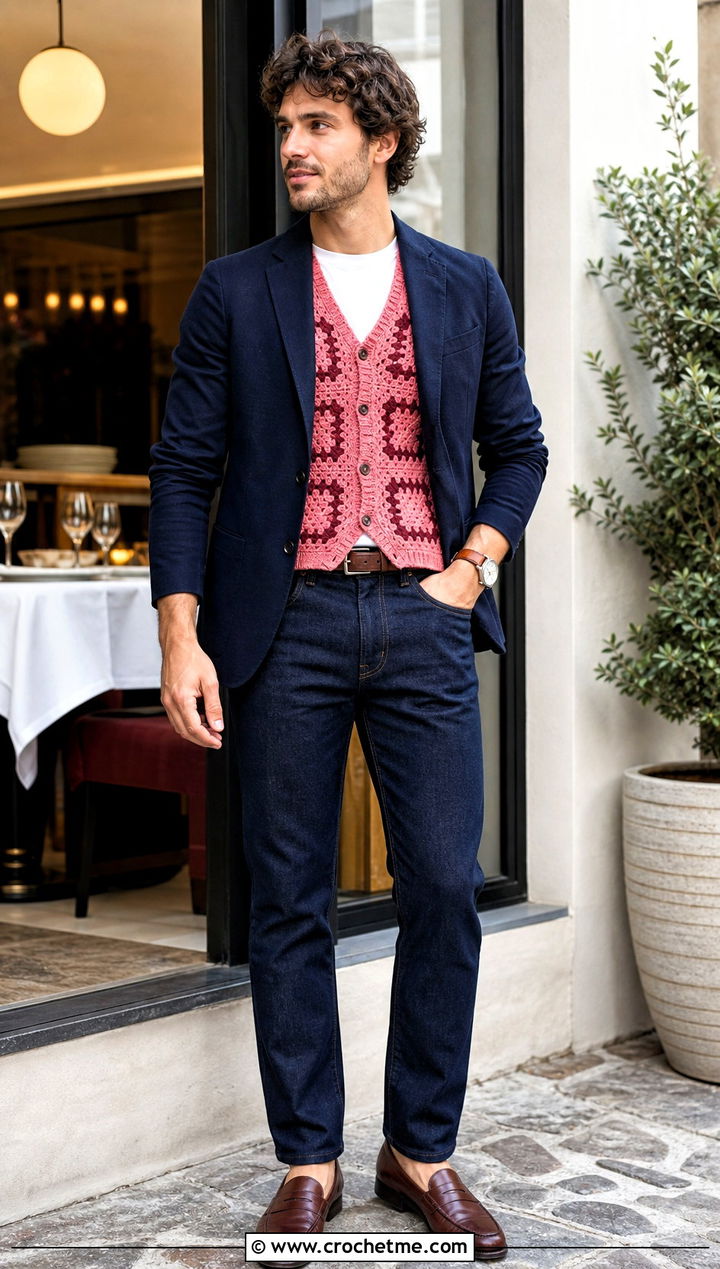 Geometric Crochet Vest With Blazer And Jeans - 30 men's crochet vest outfit ideas