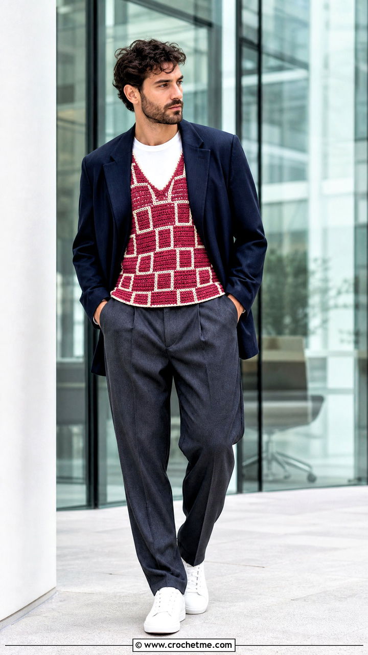 Geometric Crochet Vest With Blazer And Relaxed Trousers - 35 crochet vest for men outfit ideas