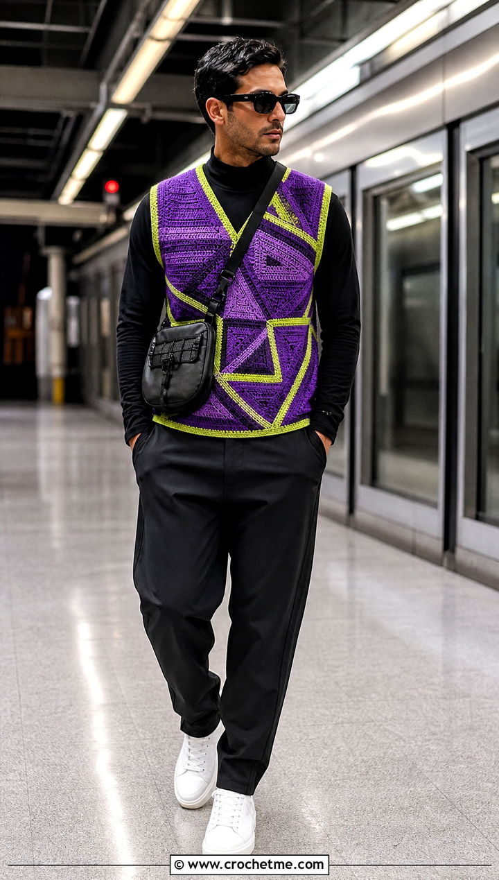 Geometric Crochet Vest With Mock Neck And Track Pants - 30 mens crochet vest outfit ideas