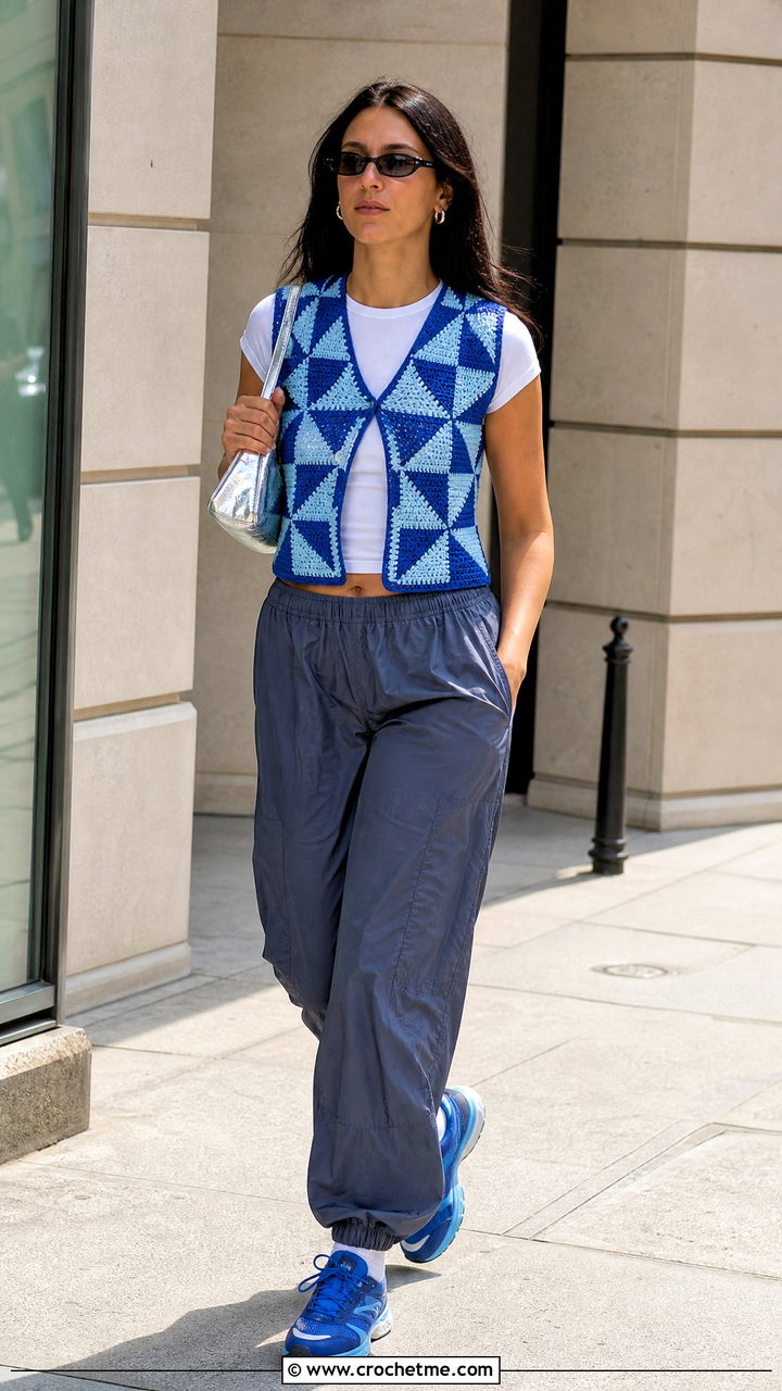 Geometric Crochet Vest With Parachute Pants - 35 crochet vest woman outfit ideas