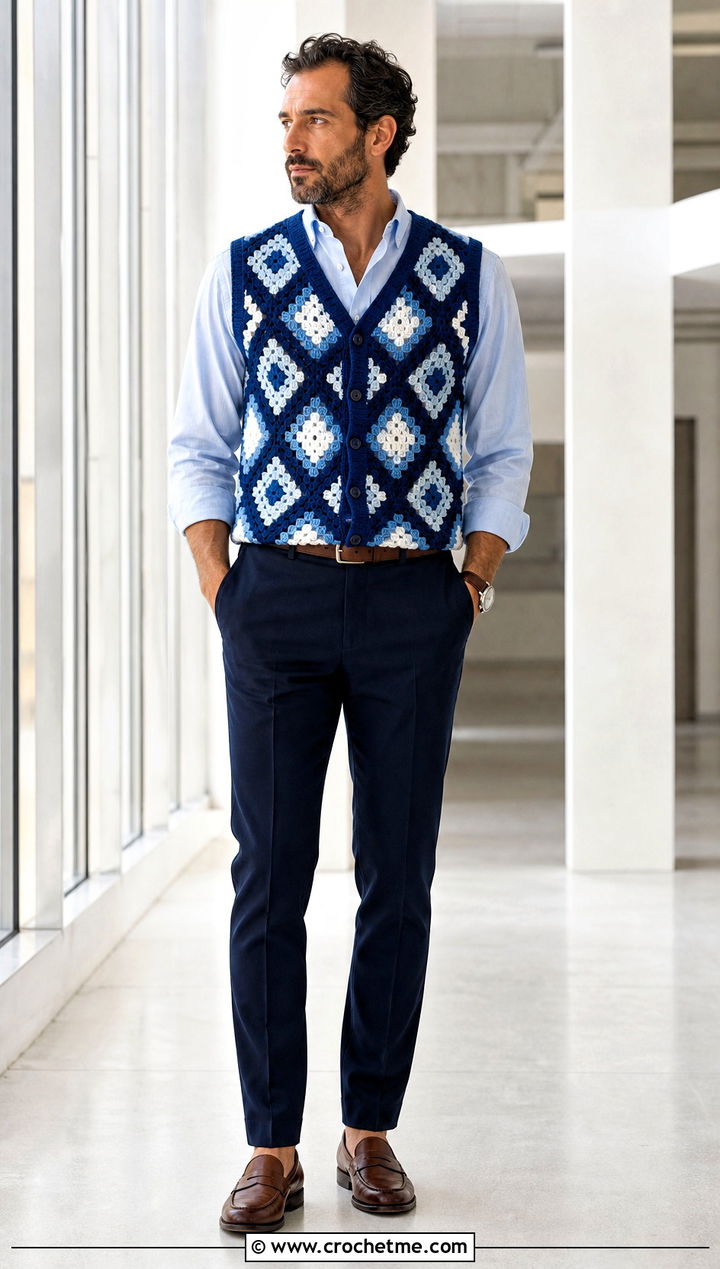 Geometric Crochet Vest With Poplin Shirt And Trousers - 30 men crochet top outfit ideas