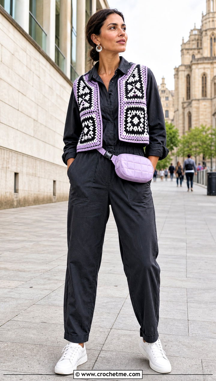 Geometric Crochet Vest With Utility Jumpsuit - 30 black and white crochet vest outfit ideas