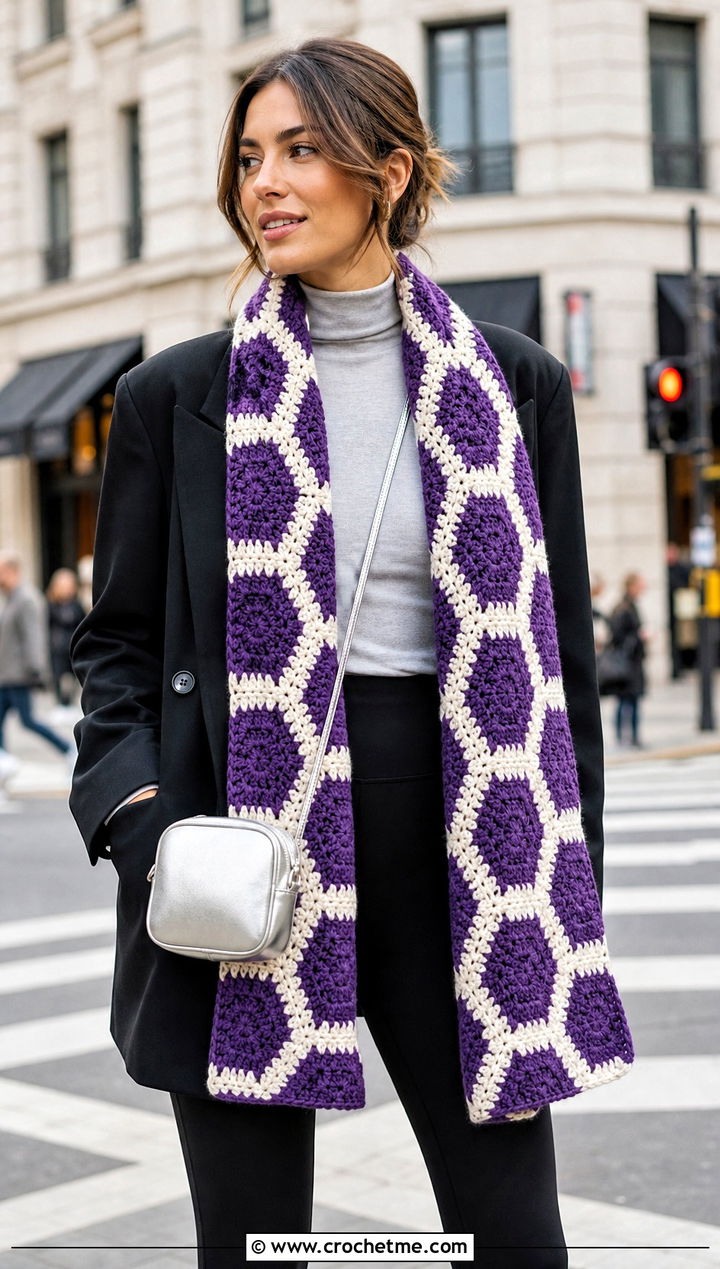 Geometric Crochet Winter Scarf With Oversized Blazer - 35 crochet winter scarf outfit ideas