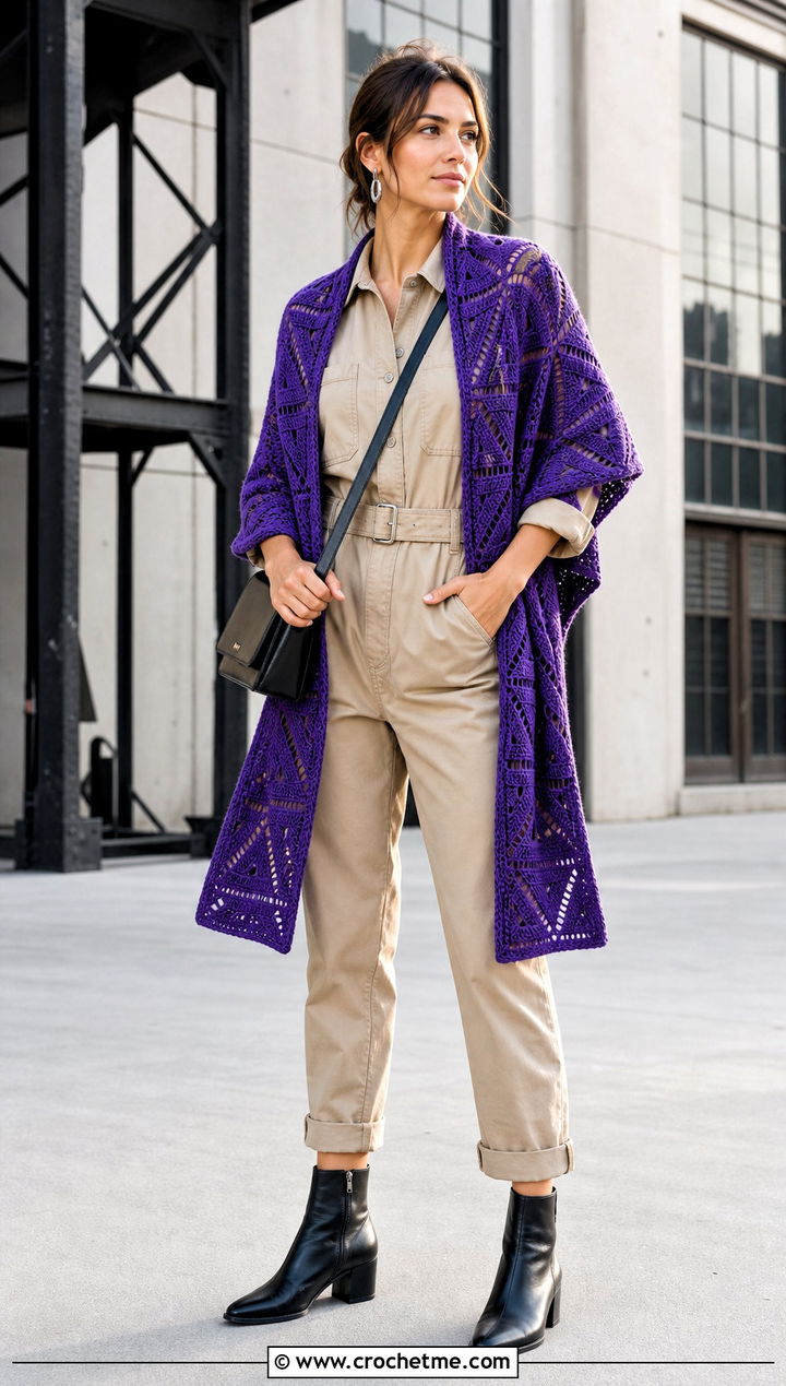 Geometric Crochet Wrap Shawl With Utility Jumpsuit - 35 crochet wrap shawl outfit ideas