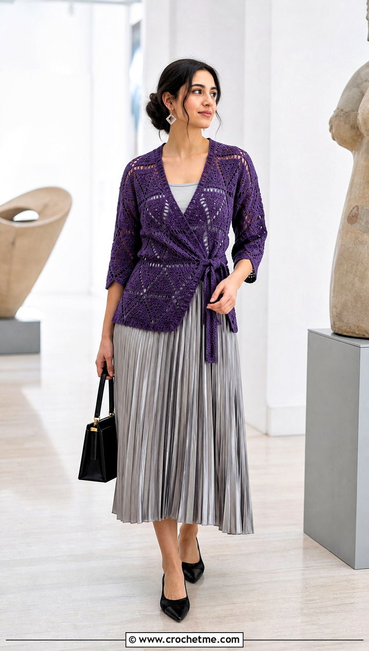Geometric Crochet Wrap Shirt With Pleated Midi Skirt - 30 crochet wrap shirt outfit ideas