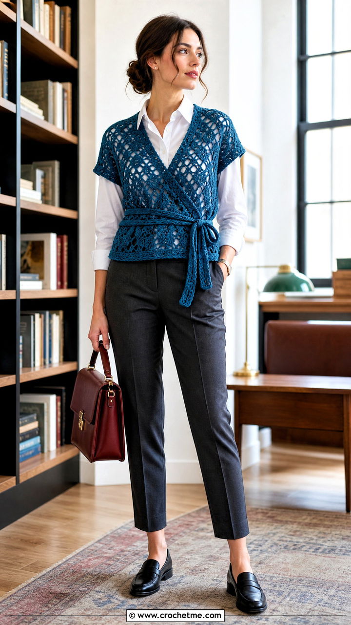 Geometric Crochet Wrap Top With Collared Shirt And Trousers - 35 crochet wrap top outfit ideas