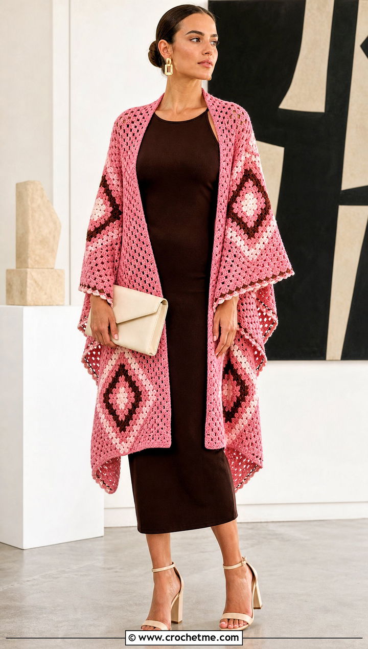 Geometric Crocheted Ruana With Column Dress - 20 Crocheted Ruana outfit ideas