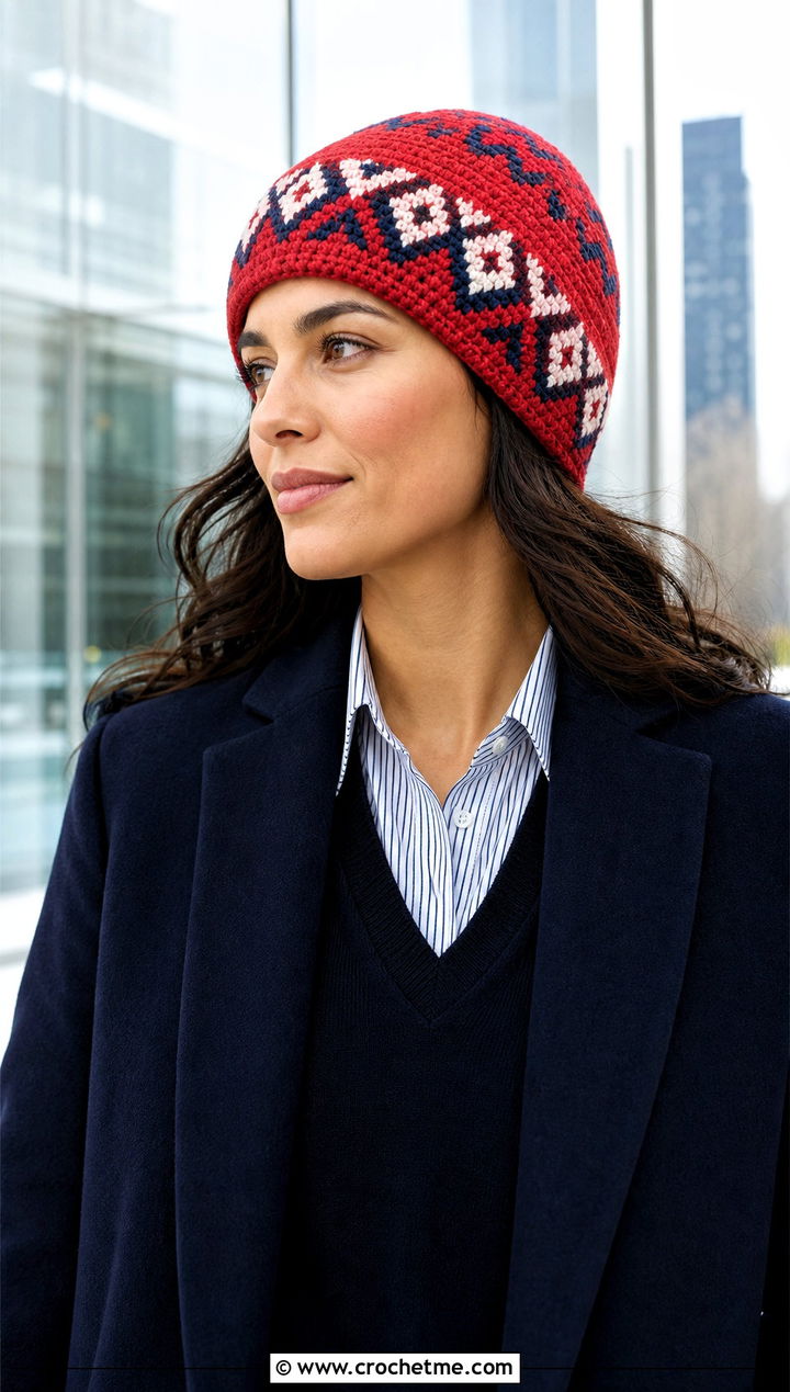 Geometric Fair Isle Crochet Beanie With Office Layers - 30 fair isle crochet hat outfit ideas