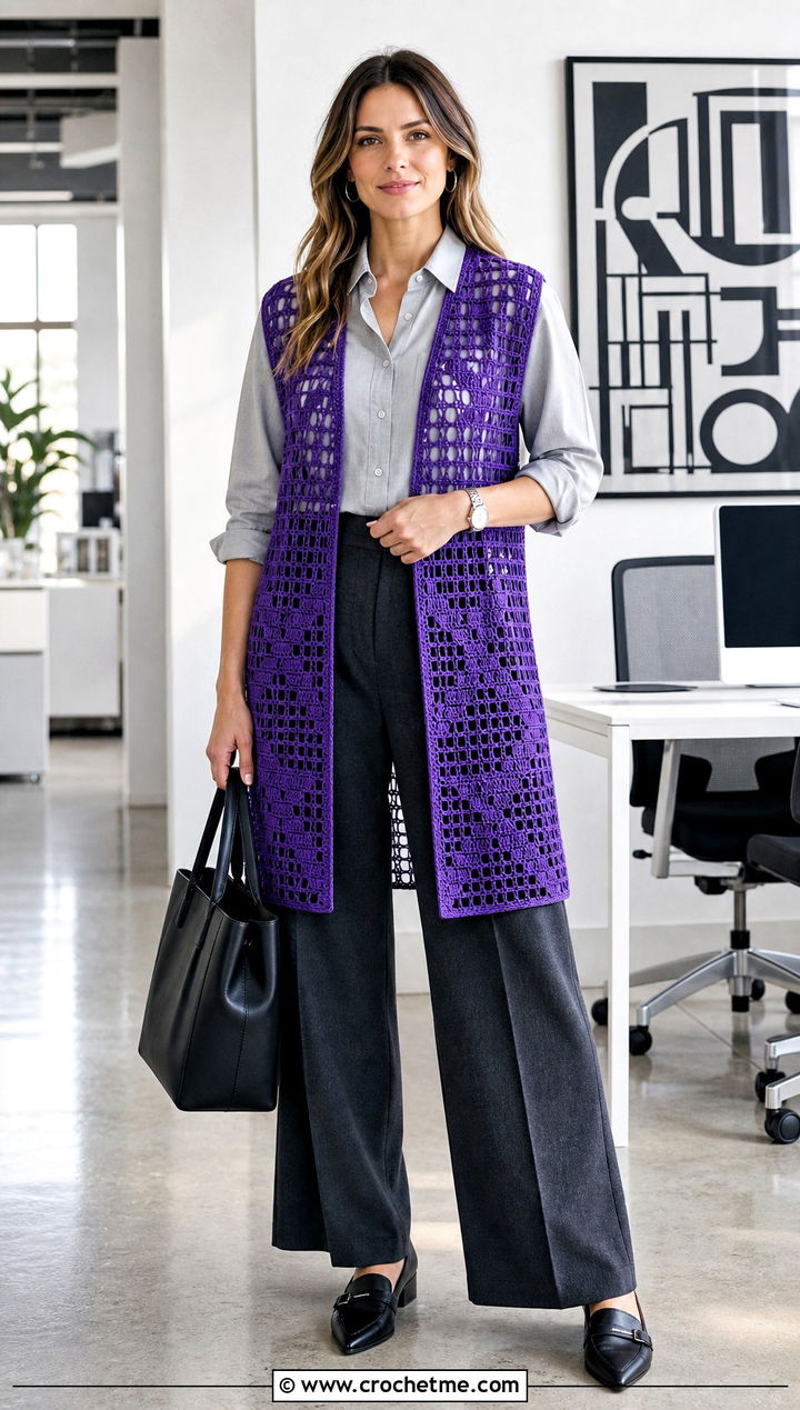 Geometric Filet Crochet Duster Vest With Office Trousers - 20 crochet duster vest outfit ideas
