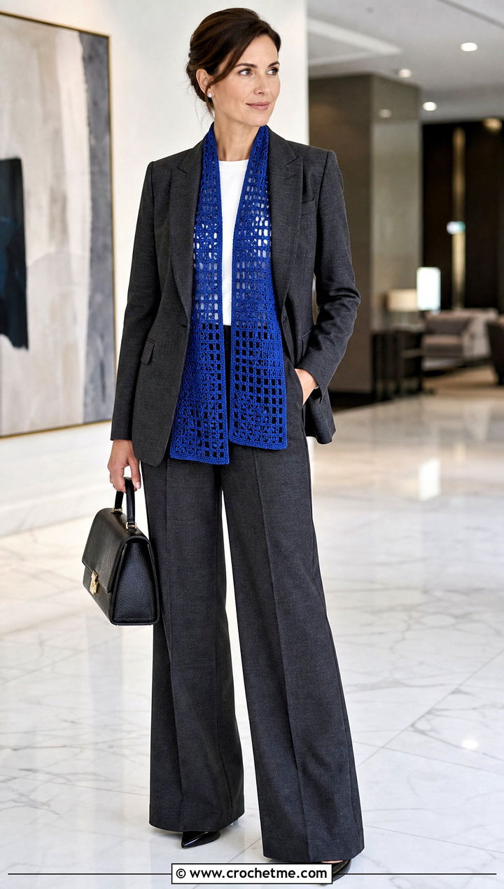 Geometric Filet Crochet Scarf With A Tailored Pantsuit - 35 filet crochet scarf outfit ideas