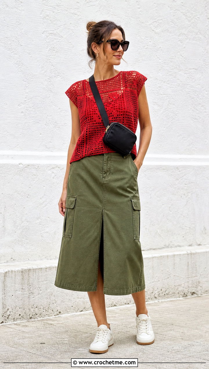 Geometric Filet Crochet Top With Utility Skirt - 35 crochet thread top outfit ideas