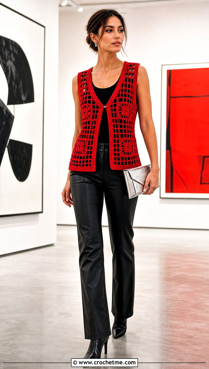 Geometric Filet Crochet Vest With Leather Pants - 35 filet crochet vest outfit ideas