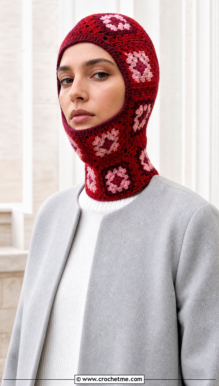 Geometric Granny Square Balaclava With Minimalist Coat - 30 crochet granny square balaclava outfit ideas